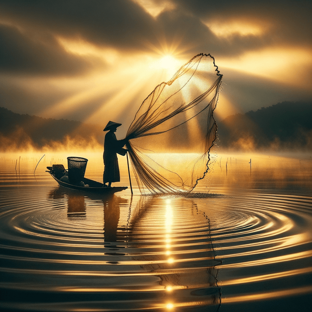 A la orilla del lago al amanecer, un pescador arrojaba silenciosamente su red mientras las ondas del agua se deslizaban suavemente. En su corazón, repetía: Con el corazón tranquilo como el agua, la red estará llena. Cada rayo de sol que se reflejaba en el lago parecía una semilla de esperanza, esperando el momento de la cosecha abundante.