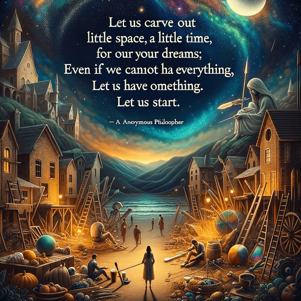 Carve out a little space, a little time for our dreams; even if we cannot have everything, let us have something. Let us start. — Rainer Maria Rilke
Convirtamos un pequeño espacio, un poco de tiempo para nuestros sueños; incluso si no podemos tenerlo todo, tengamos algo. Comencemos. — Rainer Maria Rilke