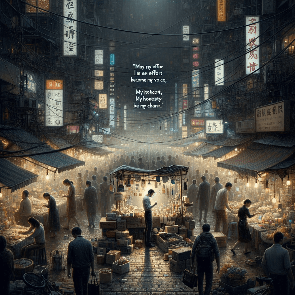 En el bullicioso centro de la ciudad, un simple vendedor ambulante montó su puesto bajo las luces de neón. Colocó cada producto con sumo cuidado y repitió en su mente: Que mi esfuerzo sea mi voz, que mi honestidad sea mi encanto. Entre las caras apresuradas de la multitud, encontró consuelo en cada sonrisa y asentimiento. Esta ciudad, como una caótica sinfonía, resonaba con sus principios de integridad, convirtiendo su humilde negocio en un arte de interacción humana.