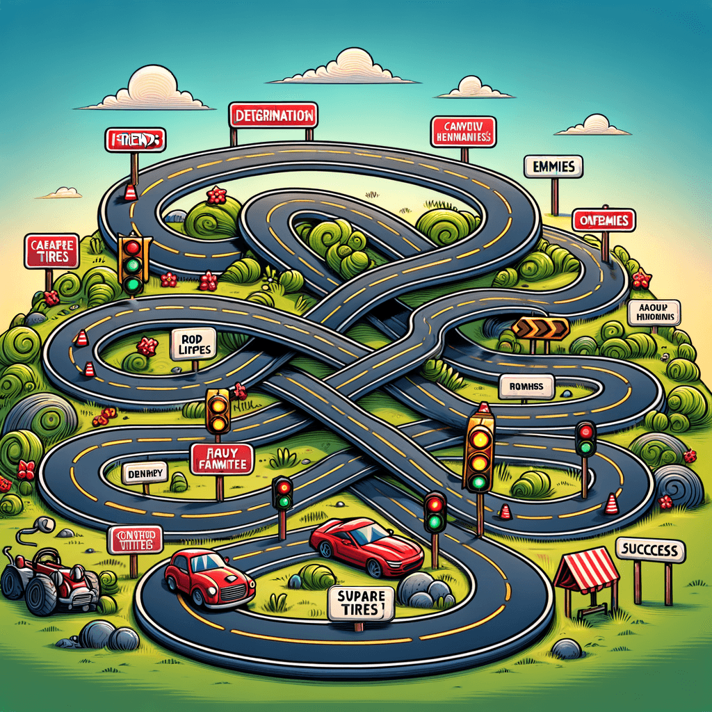 El camino hacia el éxito no es recto. Hay una curva llamada fracaso, un bucle llamado confusión, unos baches llamados amigos, semáforos rojos llamados enemigos, luces de precaución llamadas familia. Pero si tienes una llanta de repuesto llamada determinación, un motor llamado perseverancia, y un conductor llamado confianza, llegarás a un lugar llamado éxito.