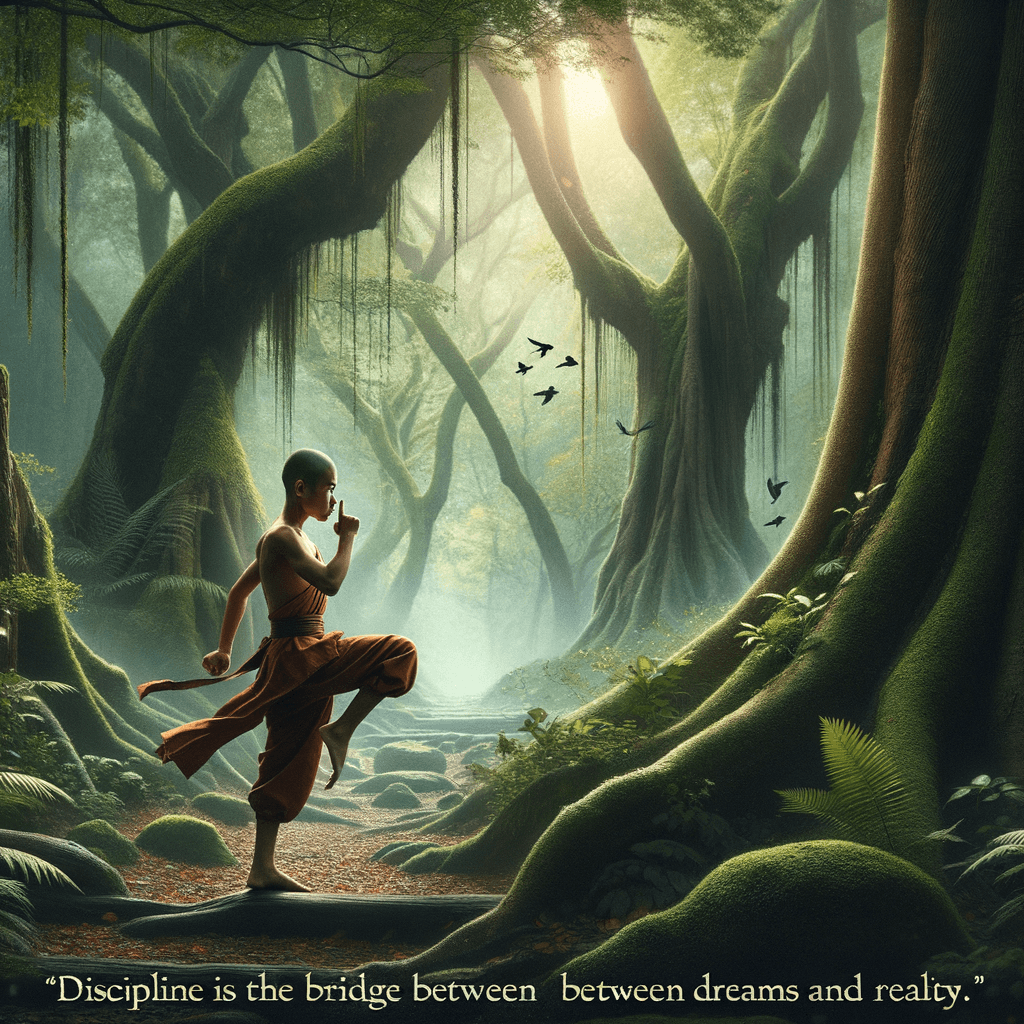 En el corazón del bosque, donde los árboles susurran secretos antiguos, un joven monje practicaba sus pasos. Cada mañana, corría por un sendero conocido solo por él, un viaje de soledad y descubrimiento. La disciplina, había dicho su maestro, es el puente entre los sueños y la realidad. Con cada paso, el bosque resonaba su mantra silencioso: Fuerza en la quietud, poder en la paz. Los pájaros cantaban sus alabanzas, las hojas danzaban en armonía, y la tierra sentía su determinación. En el abrazo de la naturaleza, encontró la esencia de la vida, la verdad de la existencia, y el espíritu inquebrantable de la perseverancia.