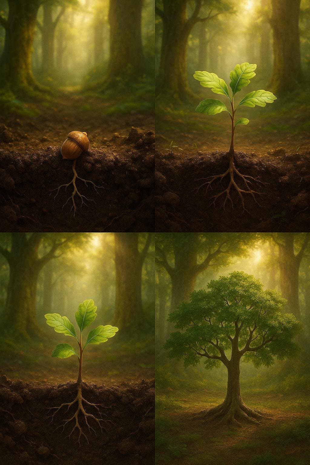 La encina más alta del bosque fue una vez solo una pequeña bellota que se mantuvo firme.