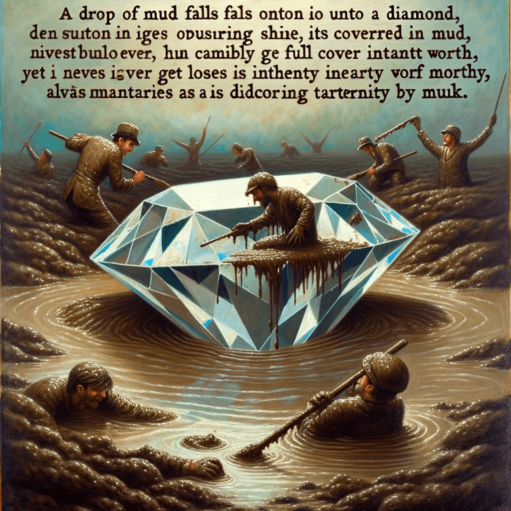 Puede una gota de lodo sobre un diamante caer; puede también de este modo su fulgor obscurecer; pero, aunque el diamante todo se encuentre de fango lleno, el valor que lo hace bueno no perderá ni un instante, y ha de ser siempre diamante por más que lo manche el cieno.
