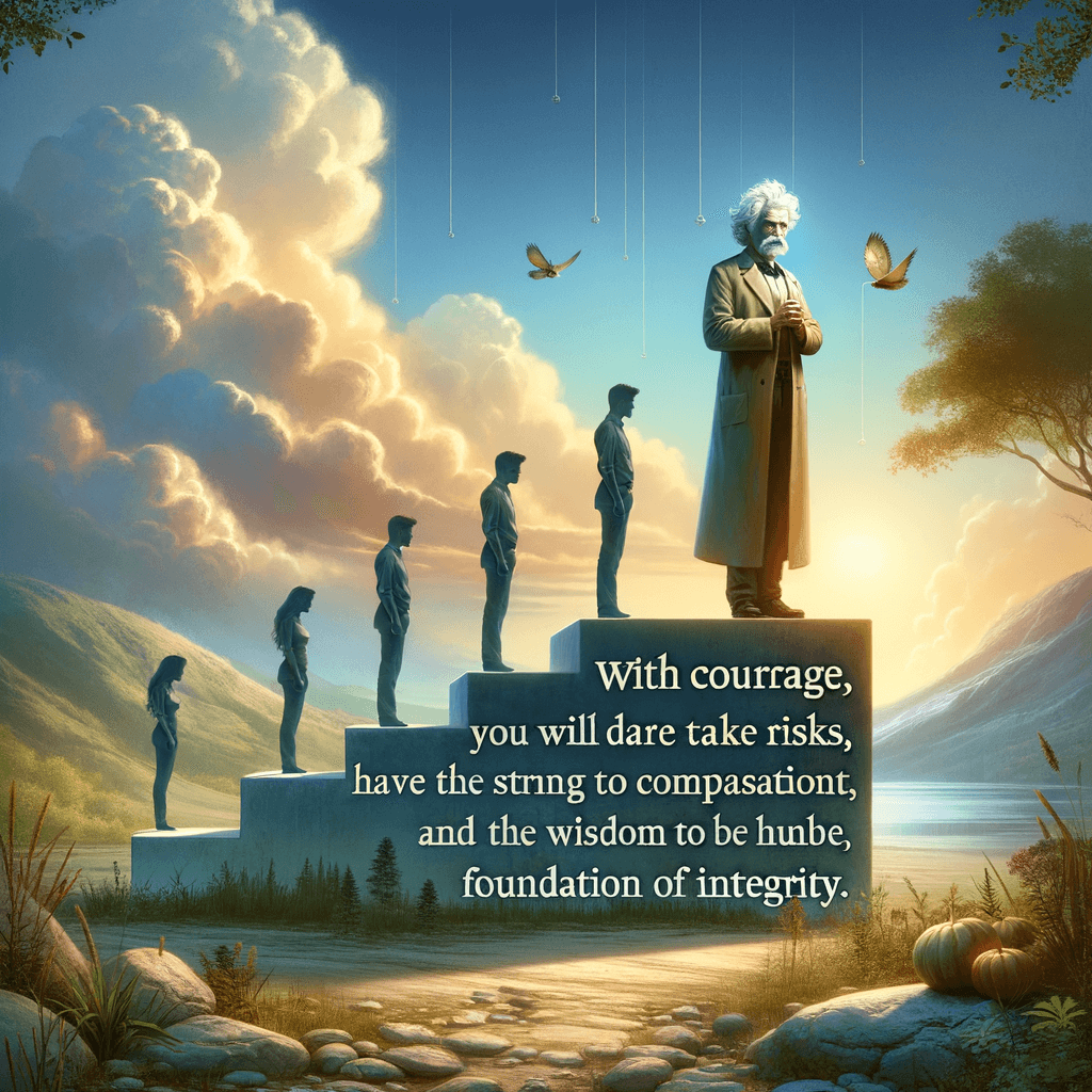 Con valor, te atreverás a correr riesgos, tendrás la fortaleza para ser compasivo y la sabiduría para ser humilde. El valor es la base de la integridad. — Mark Twain