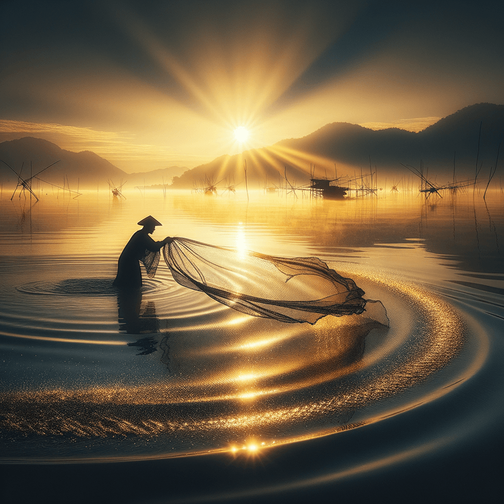At the break of dawn by the lakeside, a fisherman quietly casts his net, and the water gently ripples. He silently recites in his heart, Keep the heart as calm as the water, and the net will be fully laden. Each ray of sunlight scattered on the lake's surface seems like a seed of hope, waiting for the moment of harvest.