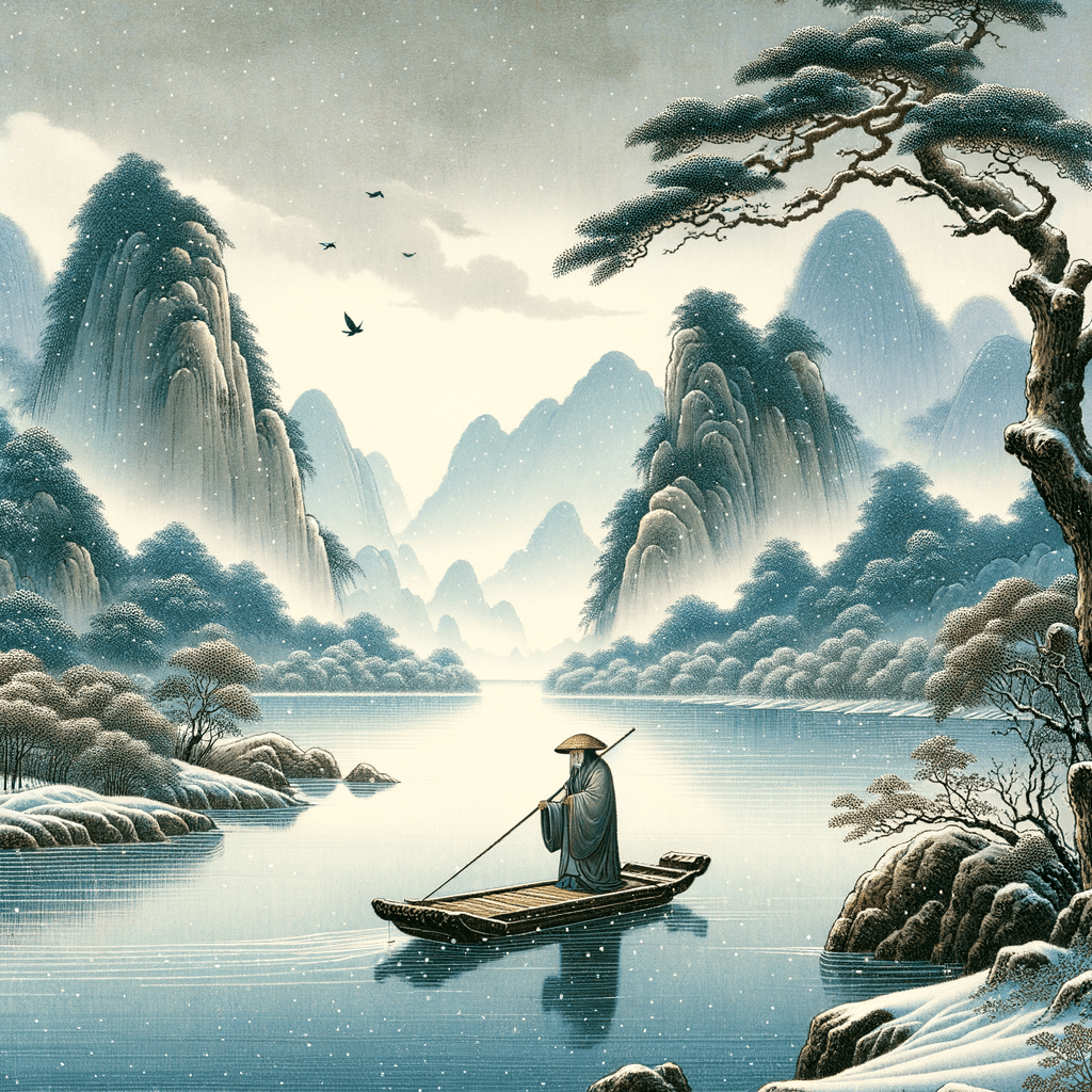 Birds have all vanished over thousands of mountains,
On myriad paths, no trace of human tread.
A lonely boat, an old man in bamboo hat and cloak,
Alone fishing amid the cold river snow.