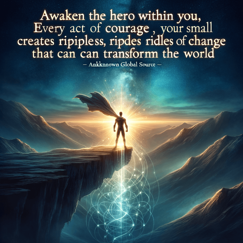 Despierta al héroe que llevas dentro; cada acto de valentía, por pequeño que sea, crea ondas de cambio que pueden transformar el mundo. — Desconocido, Global.