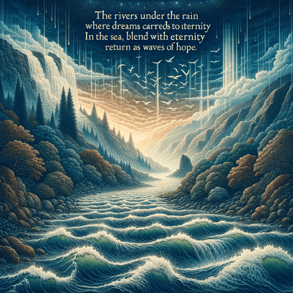 Bajo la lluvia, los ríos llevan mis sueños hacia el mar, donde se mezclan con la eternidad y regresan convertidos en olas de esperanza.