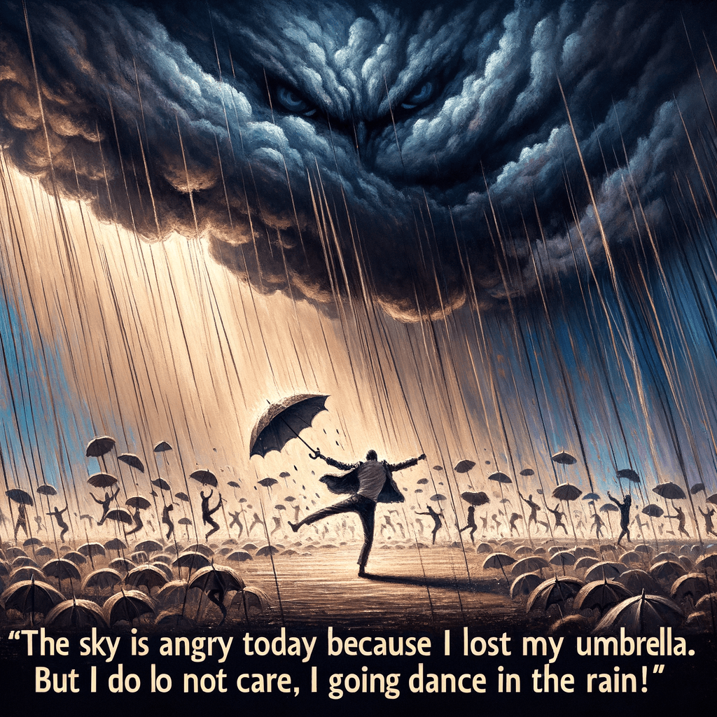 El cielo está enojado hoy porque perdí mi paraguas. ¡Pero no me importa, voy a bailar bajo la lluvia!