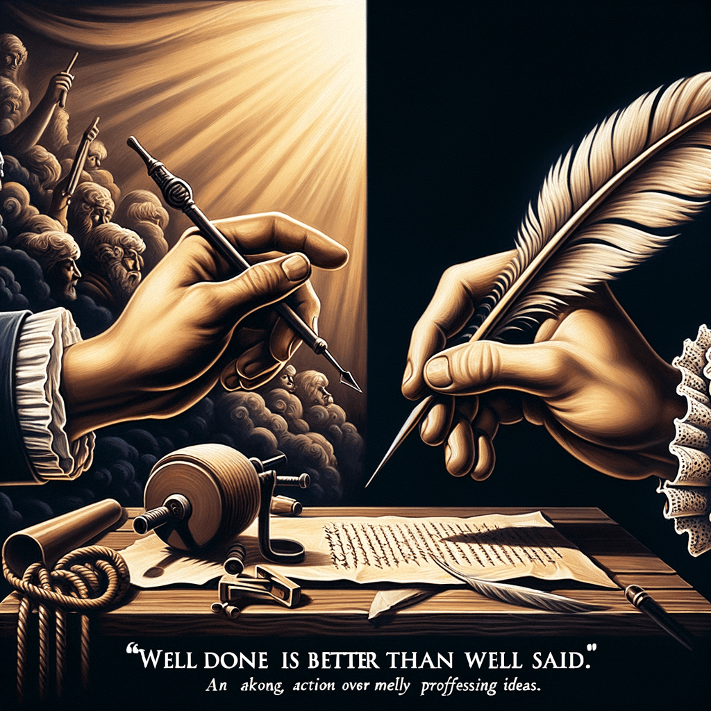 Bien hecho es mejor que bien dicho. — Benjamin Franklin, Estados Unidos.
Esta cita enfatiza la importancia de tomar acción en lugar de simplemente hablar sobre ideas, lo que la convierte en una poderosa inspiración para una representación visual impactante.