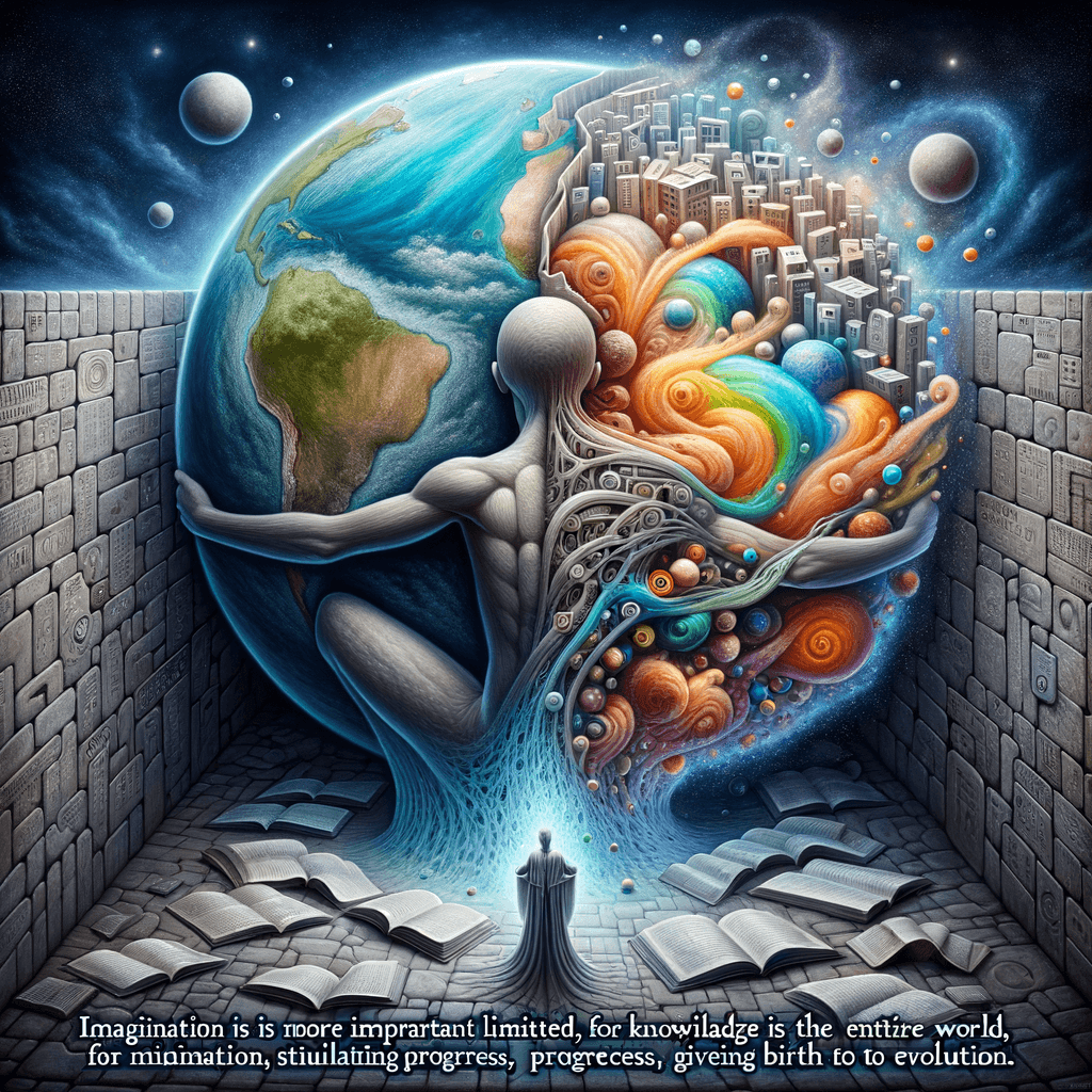 La imaginación es más importante que el conocimiento. Porque el conocimiento es limitado, mientras que la imaginación abarca todo el mundo, estimulando el progreso y dando origen a la evolución. - Albert Einstein