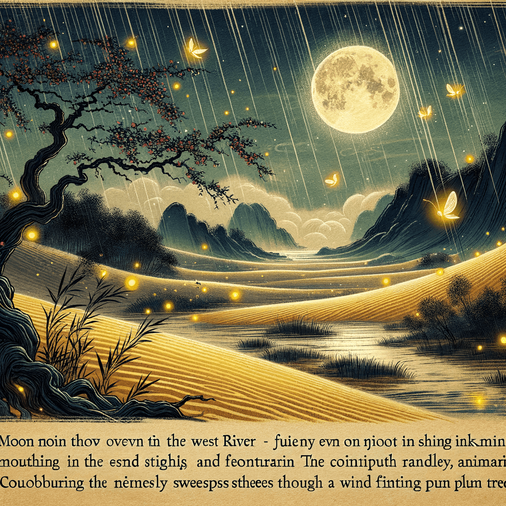 Río del Oeste bajo la Luna
Xin Qiji
Caminando de noche por el camino arenoso de Huangsha, las luciérnagas vuelan y danzan.
El viento acompañado del sonido de la lluvia, sopla hasta los árboles de ciruelo rojo.
No digas que partes temprano, aún hay quien parte más temprano.