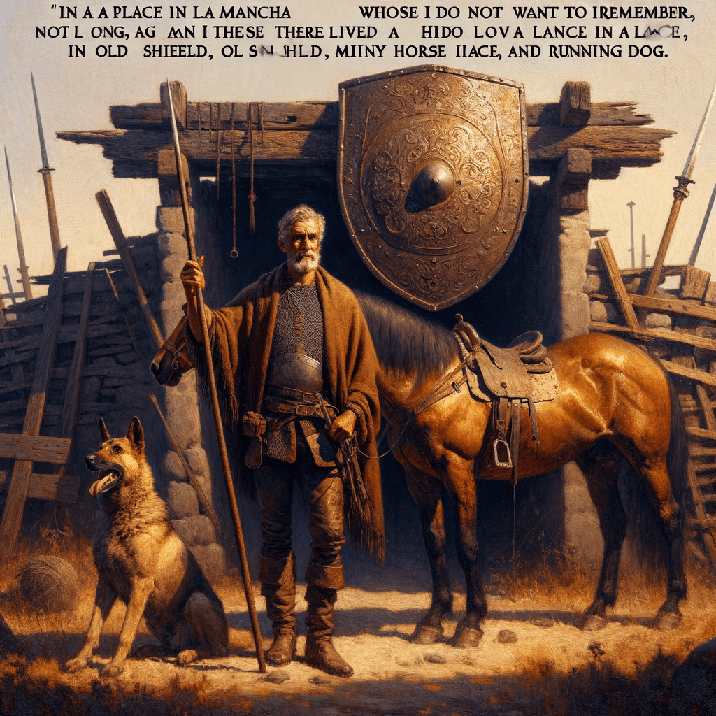 在曼查的一个地方,我不想记得名字,不久以前住着一位绅士,他拥有船上的长矛、古老的盾牌、一匹瘦马和一只猎狗。 - 米格尔·德·塞万提斯