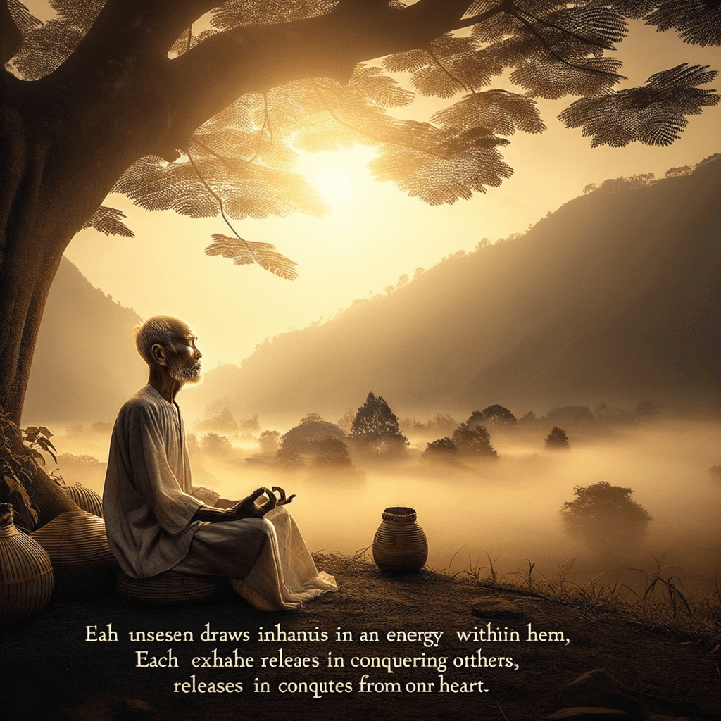 In the silence of the early morning, an old man sat alone meditating under a tree. He gently closed his eyes, his breath resonating in harmony with the wind. With each inhalation, he absorbed the energy of the universe; with each exhalation, he released the clutter of his mind. Gradually, he felt an invisible force flowing within him, a tranquility and strength emanating from deep within. From that moment, he understood that true strength lies not in conquering others, but in conquering oneself.