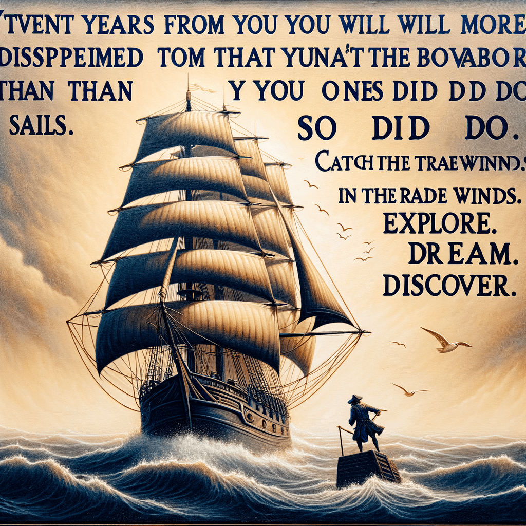En veinte años te sentirás más decepcionado por las cosas que no hiciste que por las que sí hiciste. Así que suelta las amarras. Navega lejos del puerto seguro. Atrapa los vientos alisios en tus velas. Explora. Sueña. Descubre. — Mark Twain