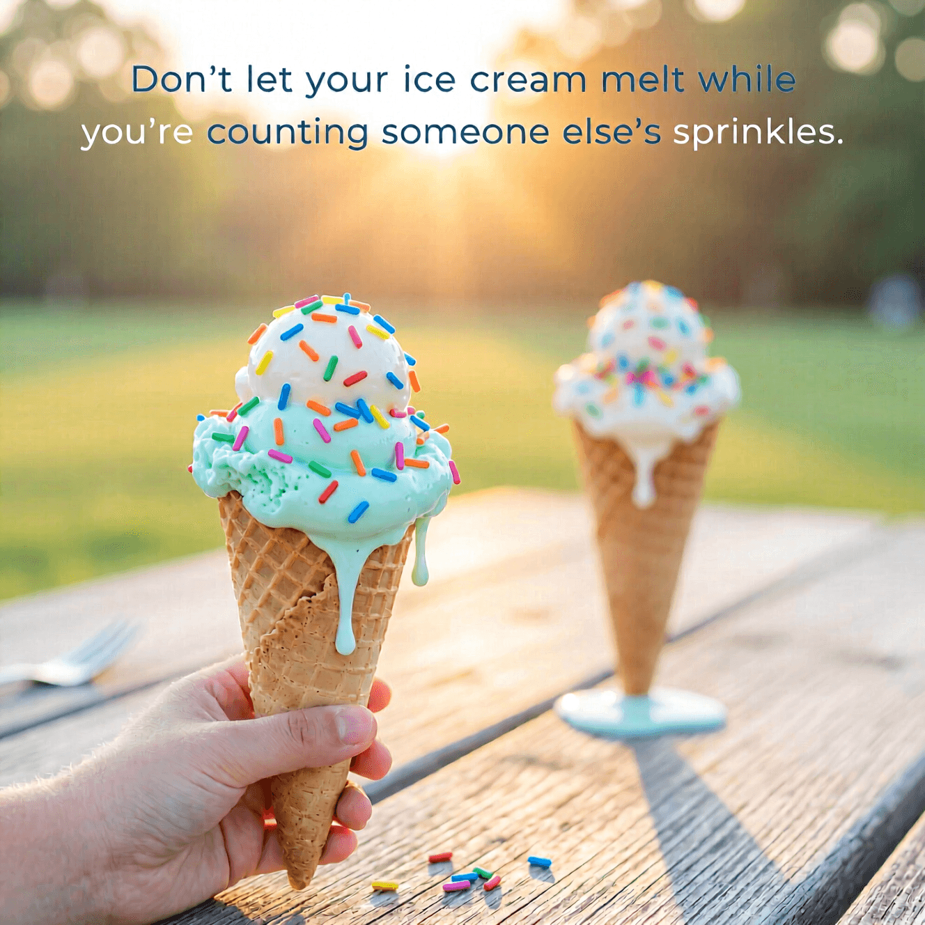 Don't let your ice cream melt while you're counting someone else's sprinkles. — Unknown