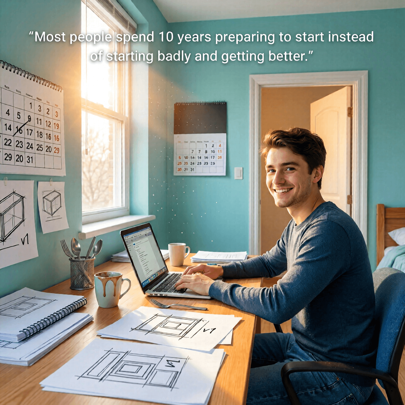 La mayoría de las personas pasan 10 años preparándose para empezar en lugar de empezar mal y mejorar. — Justin Welsh