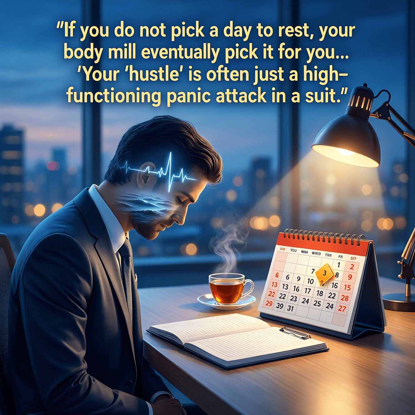 If you do not pick a day to rest, your body will eventually pick it for you—and it will not be at a convenient time. Your 'hustle' is often just a high-functioning panic attack in a suit. — Unknown