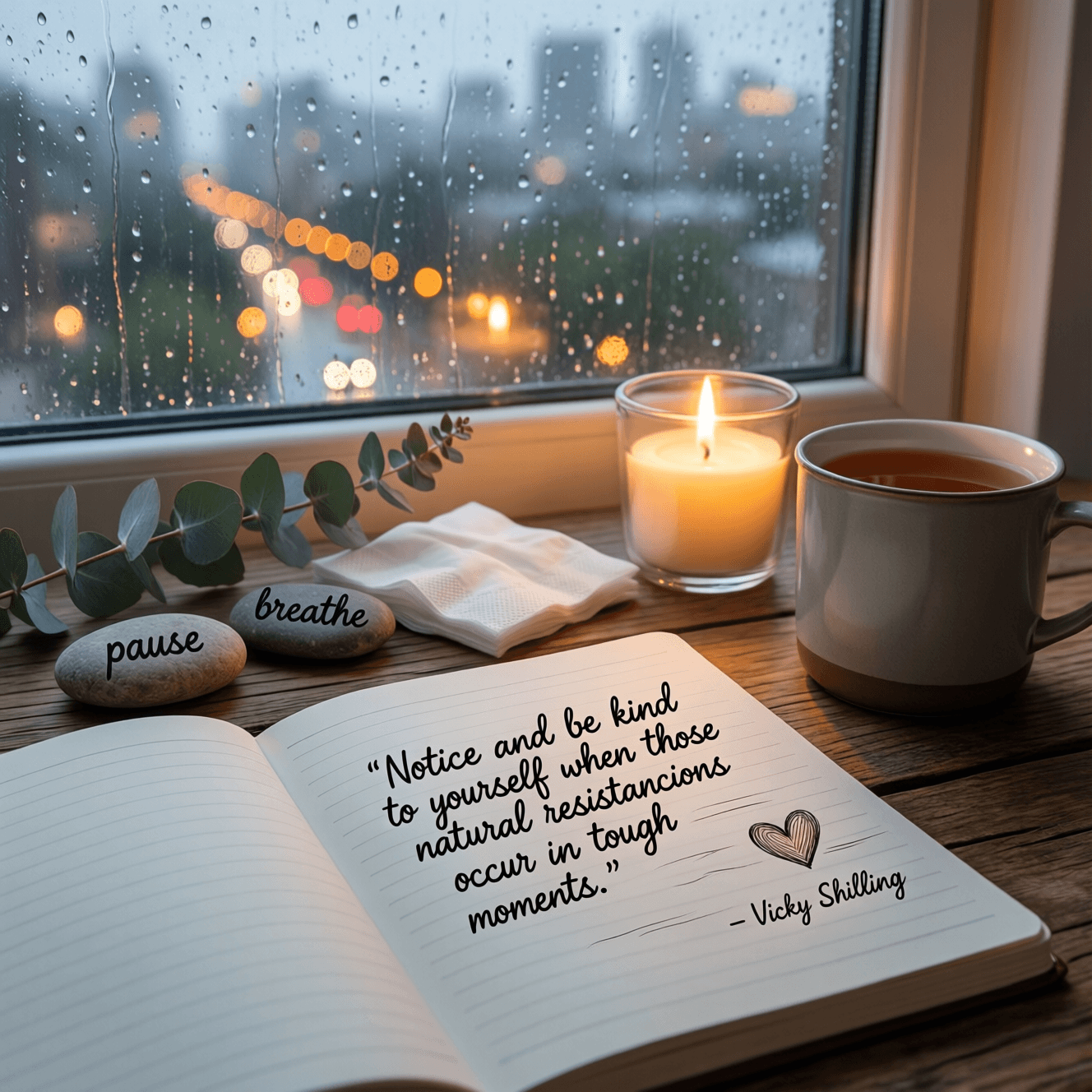 在艰难时刻,当那些自然的抗拒出现时,请留意并善待自己。——Vicky Shilling