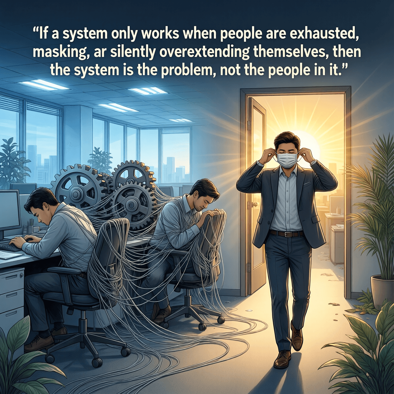 如果一个系统只有在人们精疲力竭、戴着面具,或默默地过度透支自己时才运转,那么问题出在系统,而不在其中的人。——尼古拉·克诺贝尔