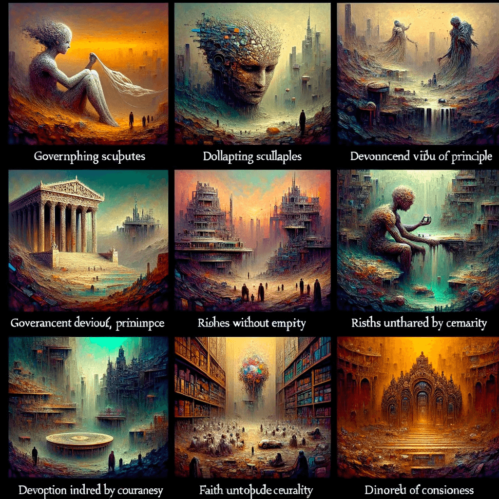 Estas cosas destruirán a la raza humana: la política sin principios, el progreso sin compasión, la riqueza sin trabajo, el aprendizaje sin silencio, la religión sin valentía y la adoración sin consciencia. — Adlai Stevenson II