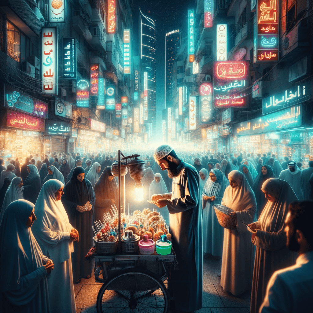 En el corazón de una ciudad bulliciosa, bajo las luces de neón que perforan la noche, un humilde vendedor ambulante monta su carrito. Con cada artículo cuidadosamente colocado, susurra una oración silenciosa: Que mi esfuerzo sea mi voz, mi honestidad sea mi encanto. En medio del ajetreo de innumerables rostros, encuentra consuelo en cada sonrisa y cada gesto de aprobación. La ciudad, una sinfonía caótica, hace eco de su mantra de integridad, convirtiendo el simple comercio en un arte de conexión humana.