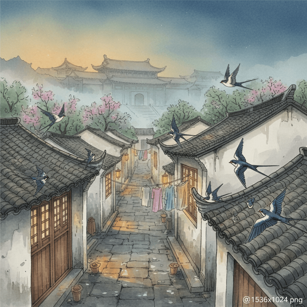 In former days the swallows of the mansions of Wang and Xie
Have flown now into the homes of common folk.