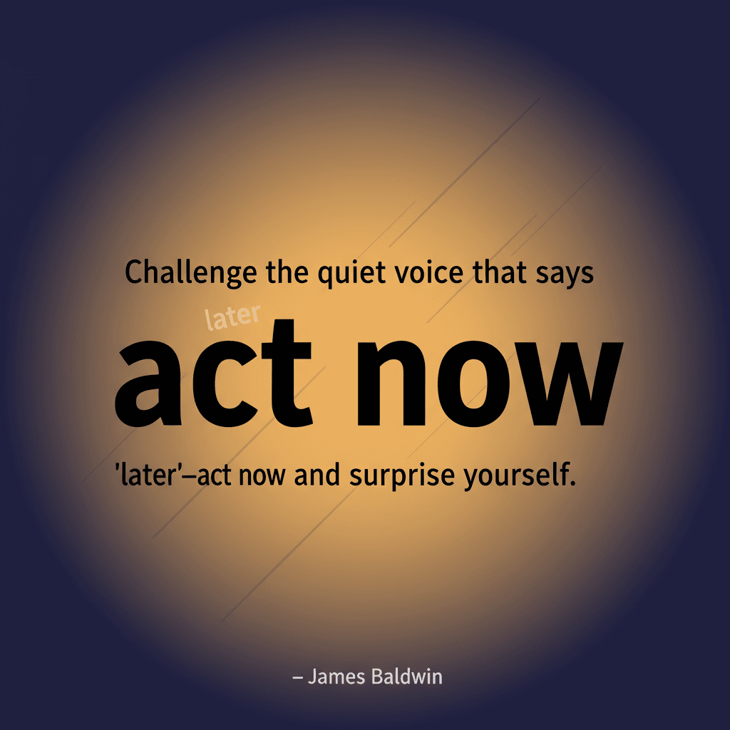 Actúa ahora y desarma la voz del 'más tarde' Desafía la voz silenciosa que dice 'más tarde'—actúa ahora y sorpréndete. — James Baldwin