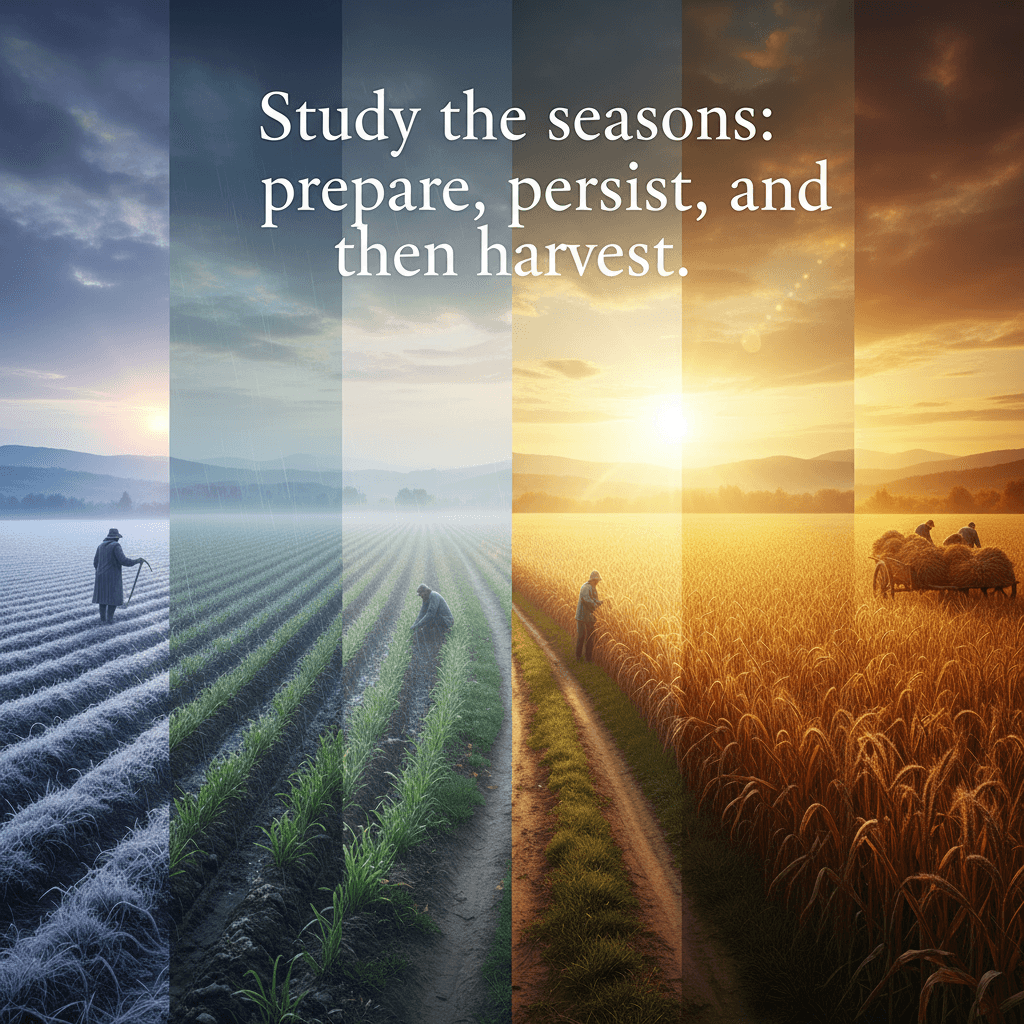 Estrategia en ciclos: prepara, persiste y cosecha Estudia las estaciones: prepárate, persiste y luego cosecha. — Sun Tzu