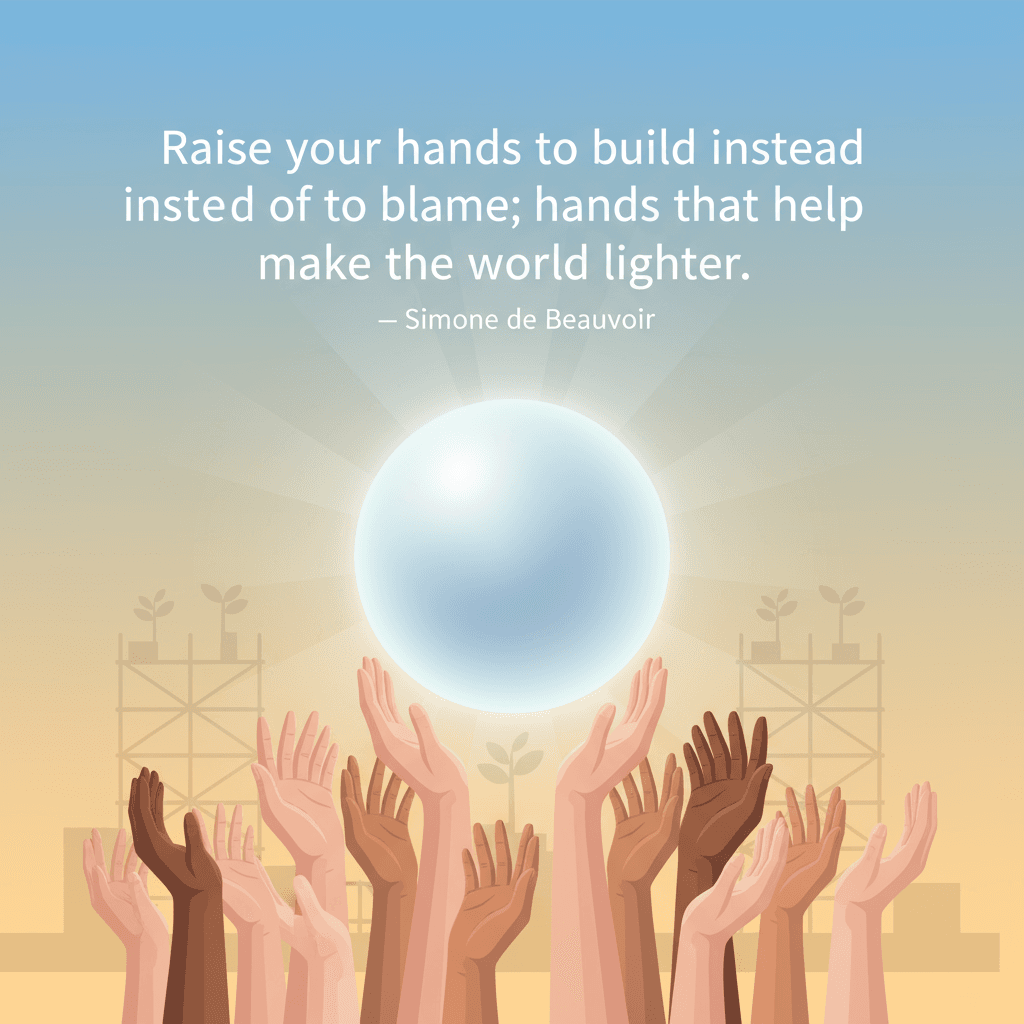 Raise your hands to build instead of to blame; hands that help make the world lighter. — Simone de Beauvoir