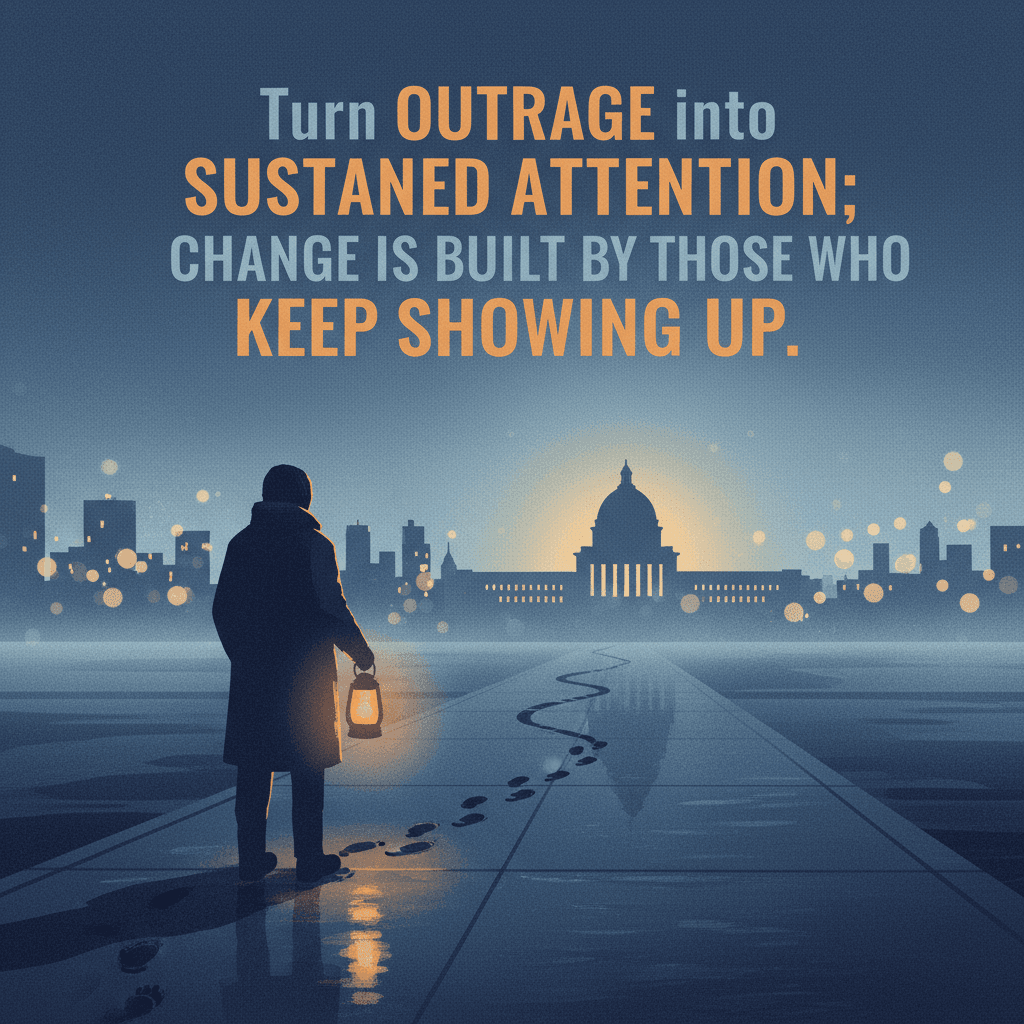 Transforma la indignación en atención sostenida; el cambio lo construyen quienes siguen acudiendo. — James Baldwin