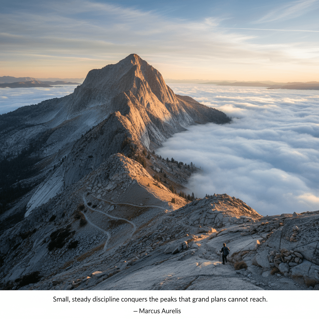 La pequeña y constante disciplina conquista las cumbres que los grandes planes no pueden alcanzar. — Marco Aurelio