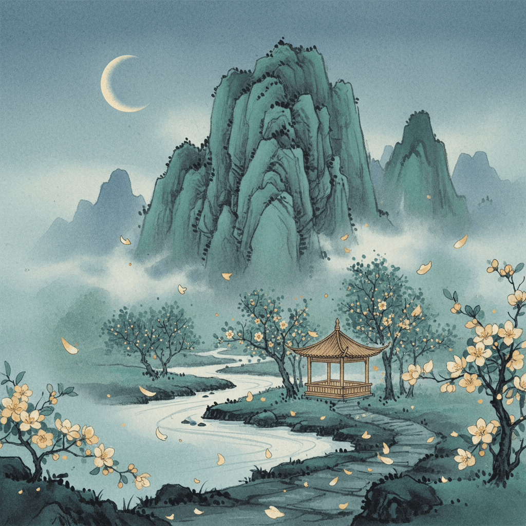 «Ocioso, escucho caer el osmanto;
en la noche quieta, calla la montaña primaveral.»
— Wang Wei